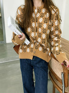 Cream-based Orange and Blue Floral Cardigan, Women's Round Neck Vintage Pastoral Style Loose Layering Top Coat - ginger-colored