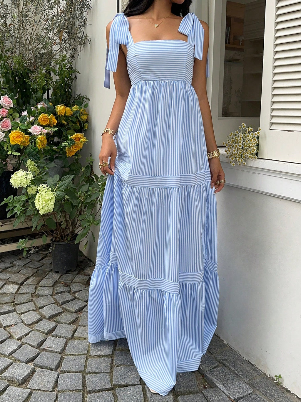 Women's Spring/Summer Lace-Up Striped Patchwork Dress Z91 - Sky Blue