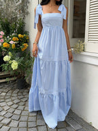 Women's Spring/Summer Lace-Up Striped Patchwork Dress Z91 - Sky Blue