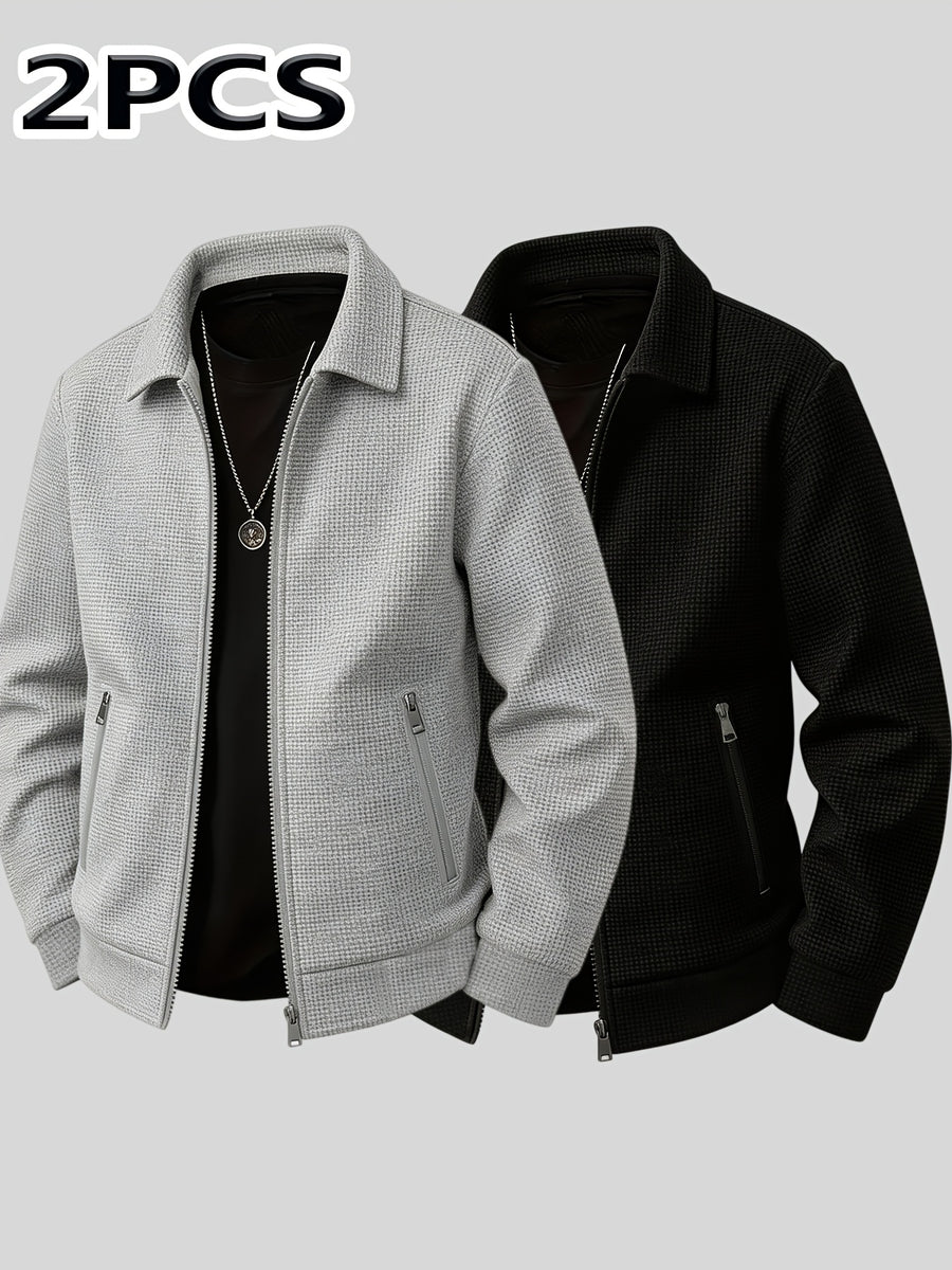 Men'S Casual Business Textured Lapel Jacket 2pcs Set, Easy Light Mature Business Style, Lapel Zipper Style with Side Pockets And Wrinkle-Resistant Stiff Suit, Middle-Aged Office Business Social Commuting Men'S Wear - Grey+Black