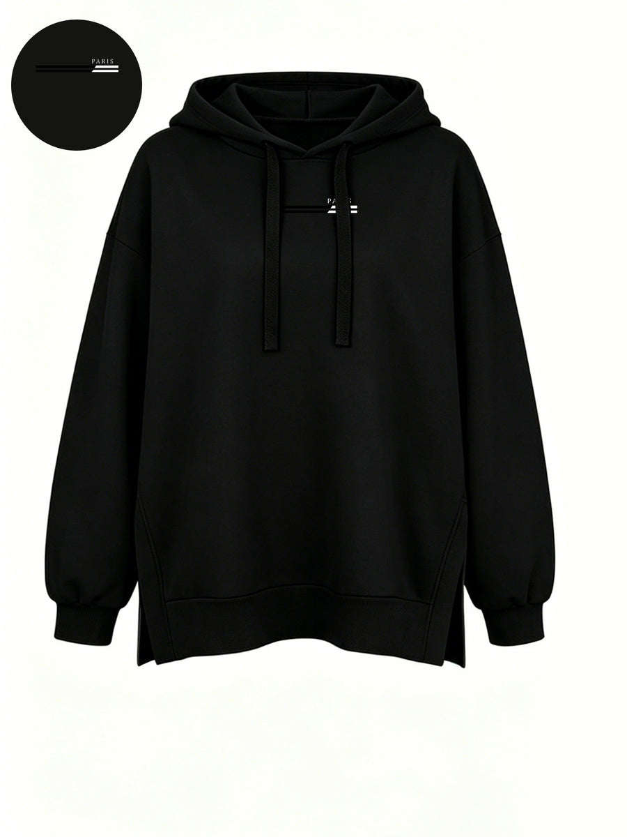 Women'S Fashion Hooded Sweatshirt for Autumn And Winter - Pattern Print Design, Side Slit Detail, Pullover Hoodie - Black