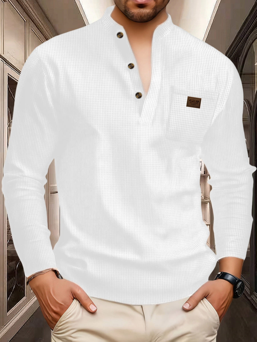 Josh Mei Selection: 2026 New Men's Stand Collar Waffle Texture Long Sleeve Shirt, Three-Button Half Open Lapel with Pocket, Lightweight and Comfortable Basic Top for Daily Outings - White
