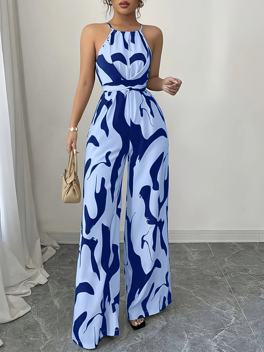Women'S Printed Fabric Ruched Jumpsuit with Halter Neck, Elegant for Holiday And Everyday Wear - Blue