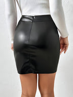 Elegant Direction TU016# High-Waist Fashion Slit Faux Leather Short Skirt Autumn Winter - Black