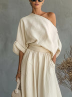 Women'S Fashion Elegant Women'S Easy Casual Short Loose Off-Shoulder Puff Sleeve Niche Top Oversized A-Line Half-Skirt Set - Apricot