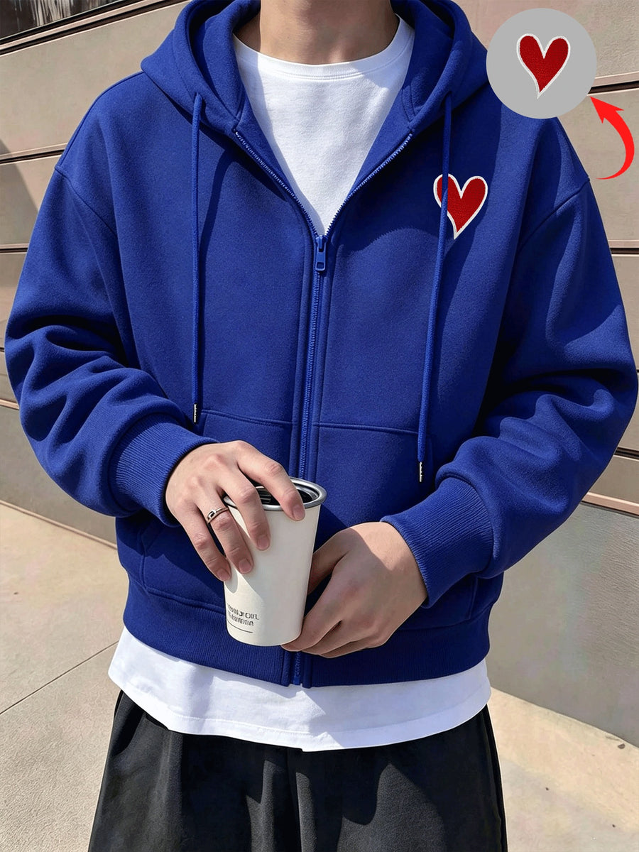Men's Solid Color Drop Shoulder Zip-Up Sweatshirt, Double-Layer Hooded Sweatshirt Jacket, Long-Sleeve -Lined Jacket, Men's Zip-Up Cardigan for Spring/Autumn Casual Wear, Cropped Hooded Sweatshirt with Pockets and Drawstring, Suitable for Outings - Blue 1
