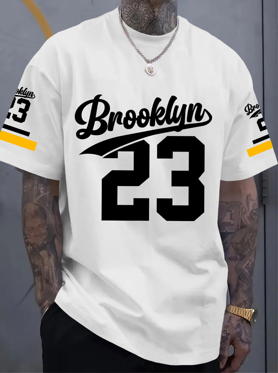 Men's Fashion Street Style T-shirt with Floral Script Font and Striped Print - White