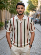 Summer New Men'S Color-Block Striped Knit Polo Shirt, Summer Breathable Knit Mesh Top - Khaki