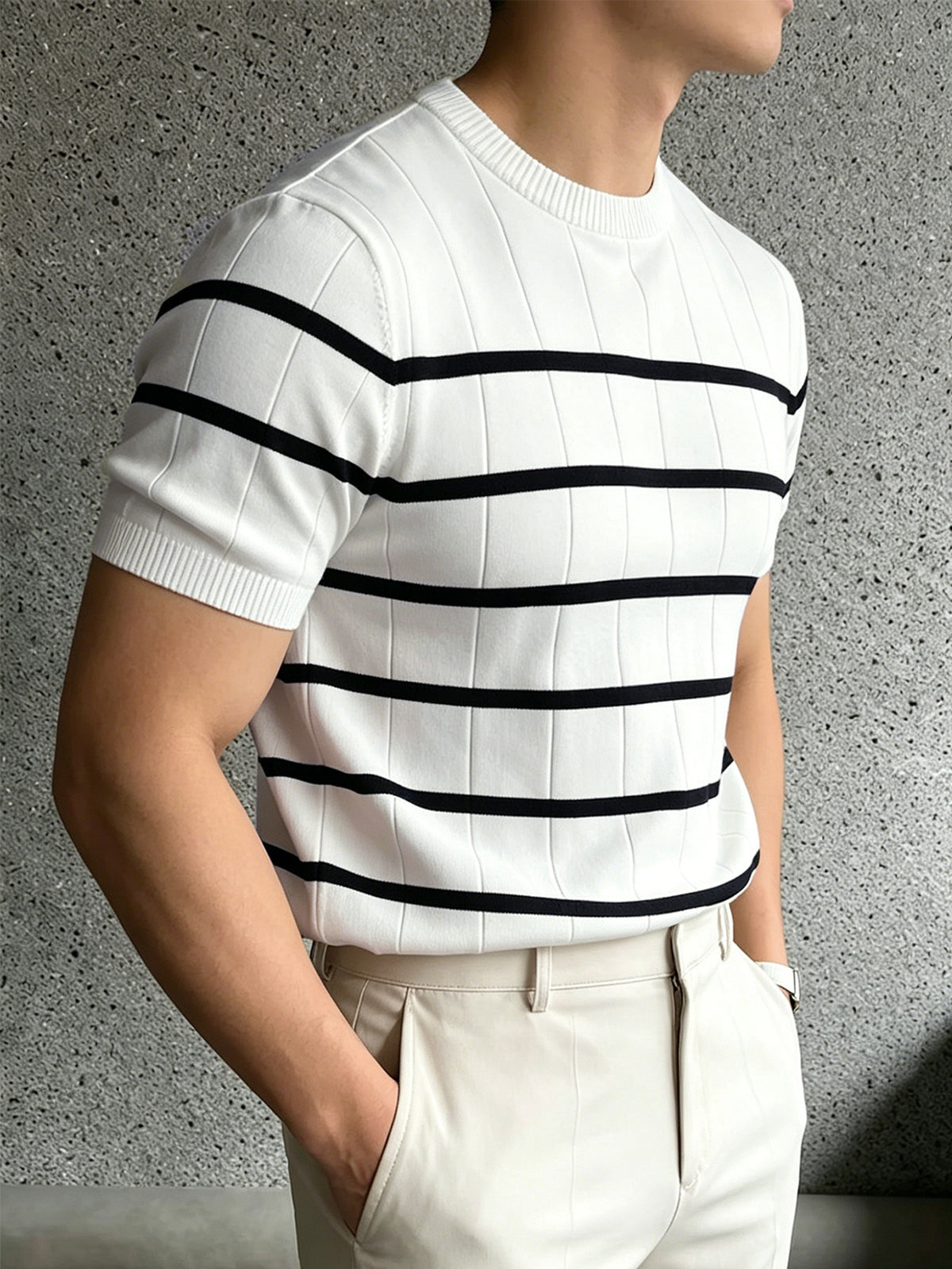 Men'S Striped Short-Sleeve Knit Pullover Sweater, Regular Round Neck Top, Business Casual Summer New Style - Off-white
