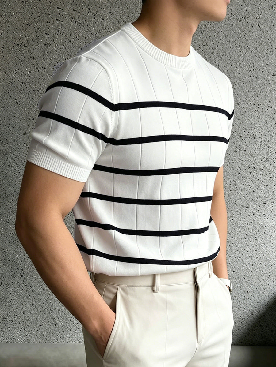 Men'S Striped Short-Sleeve Knit Pullover Sweater, Regular Round Neck Top, Business Casual Summer New Style - Off-white