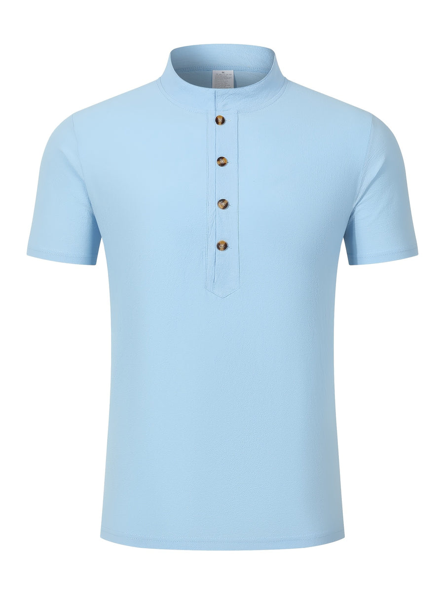 Men'S Mandarin Collar Short Sleeve T-Shirt, Stand-Up Collar Half-Open Placket Button-Up Top, Casual Loose All-Match Base Layer, Daily Streetwear - Sky Blue