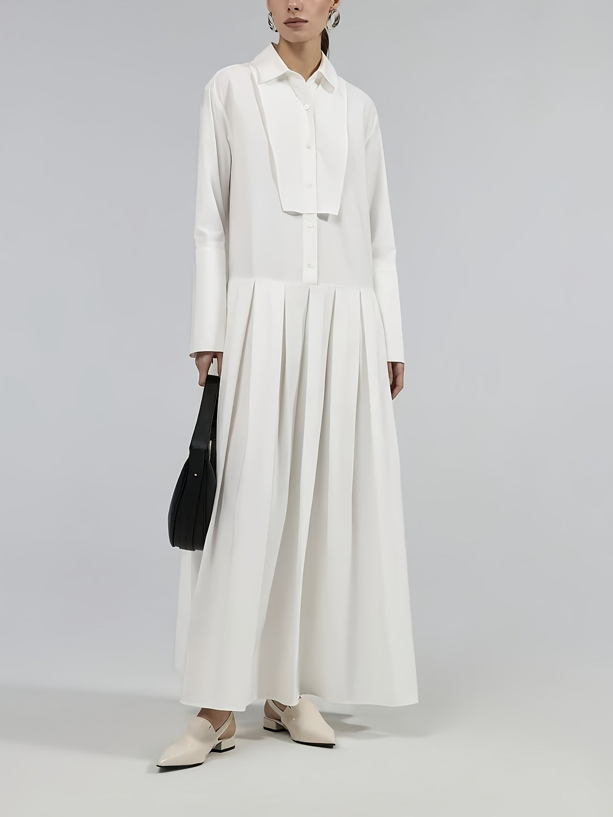 Minimalist Style White Shirt-Style Long Dress with Lapel, Overlapping Front Placket, Pleated Flared Hem, Elegant Bridesmaid Dress for Wedding Guests and Banquets - Milky