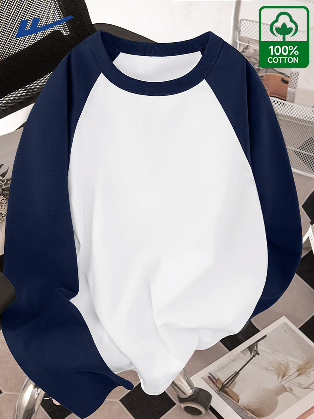 Huairui 100% Pure Color-Block Raglan Long Sleeve T-Shirt for Men, Crew Neck, Color Spliced, Casual, Versatile Base Layer for Spring and Autumn - Navy Color