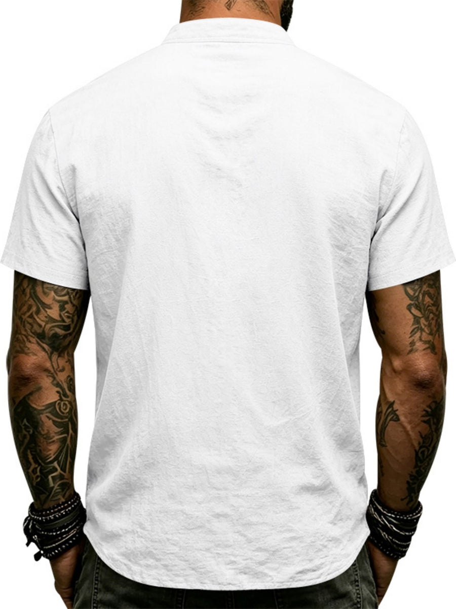 Men's Vintage Medieval Henley Shirt - Short Sleeve Mandarin Collar Cross Drawstring Blouse | Loose Fit Linen Look Top | Suitable for Casual Vacation, Outdoor & Casual Attire, Multi-Color Options - White