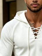 Joshmei OBM Vintage New York Street Style Men's White Textured Hooded Long-Sleeve T-Shirt with V-Neck and Cross-Strap Design, Niche Trendy Versatile Stretch Hoodie for Streetwear - White