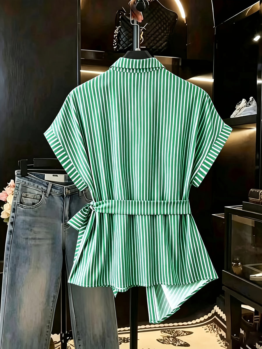 DJ260318331 Women's Elegant Casual Striped Shirt - Green