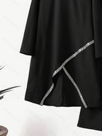 720# Solid Color Spring And Summer Muslim Two-Piece Outfit, Round Neck Sequin Long-Sleeve Top And Loose-Fit Trousers Casual Ensemble - Black