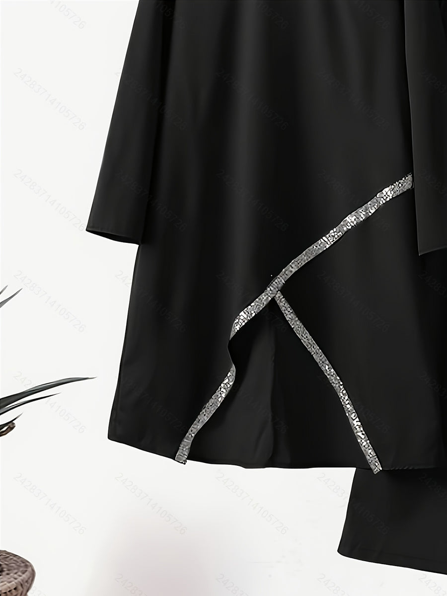 720# Solid Color Spring And Summer Muslim Two-Piece Outfit, Round Neck Sequin Long-Sleeve Top And Loose-Fit Trousers Casual Ensemble - Black