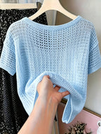 Women's Hollow Out Short Sleeve Blouse Sweater - Semi-Sheer Crochet Round Neck Lightweight Summer Top, Breathable Loose Pullover Blouse Suitable for Daily Wear & Vacation, Machine Washable Solid Color Crochet Knitwear - Sky Blue