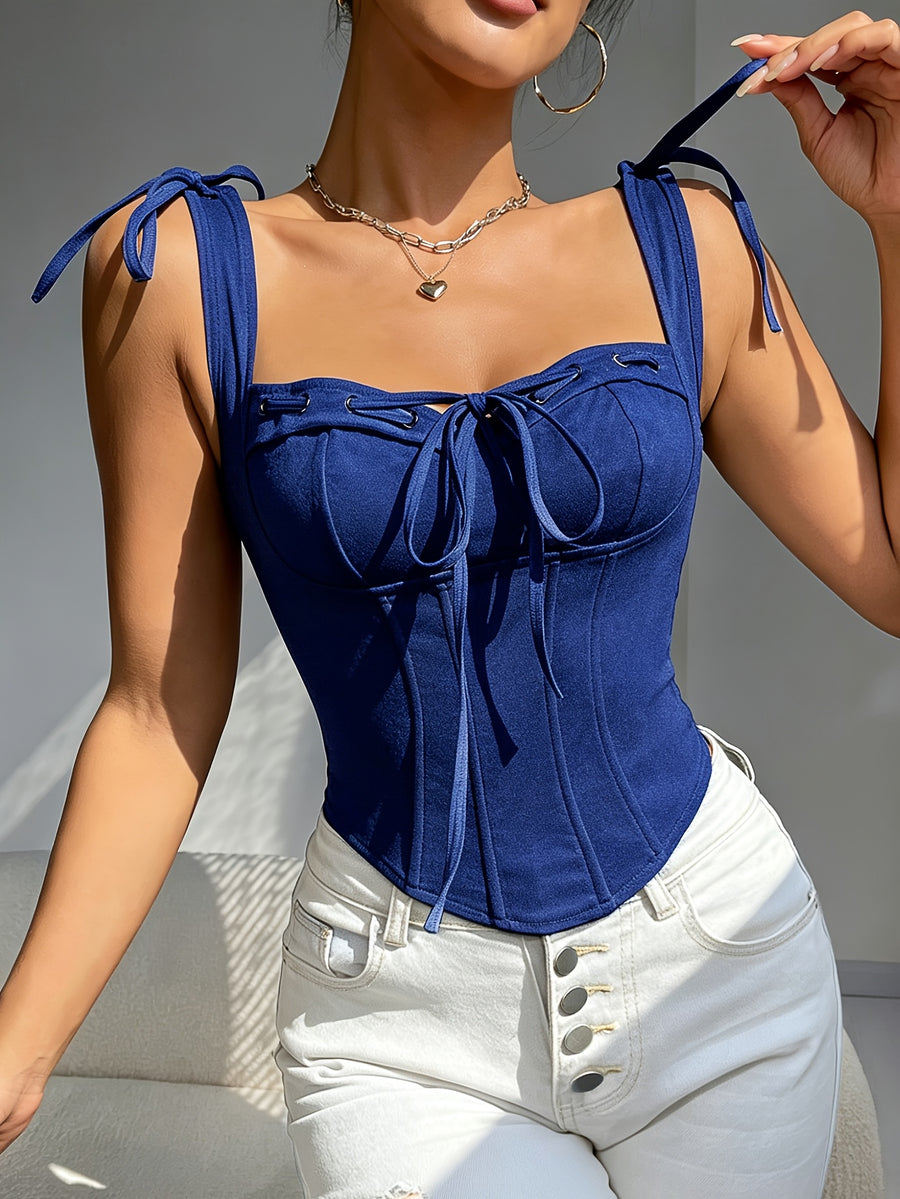 Fashionable and Versatile Solid-color Drawstring Slim-fit Women's Bodysuit, V-neck with Cut-out Back Design, Women's Outerwear Camisole - Navy Color