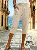 Women's Summer Solid Color Relaxed Fit Casual Mid-Length Pants, Made of Pure Fabric, with Elastic Waistband and Pockets. Loose-Fitting Mid-Length Pants, Suitable for Vacation and Daily Wear - Khaki