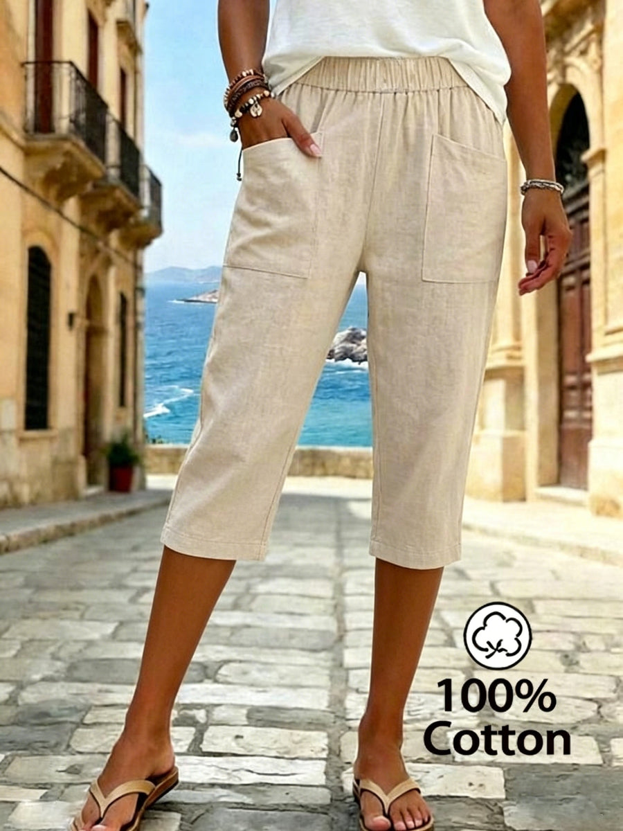 Women's Summer Solid Color Relaxed Fit Casual Mid-Length Pants, Made of Pure Fabric, with Elastic Waistband and Pockets. Loose-Fitting Mid-Length Pants, Suitable for Vacation and Daily Wear - Khaki