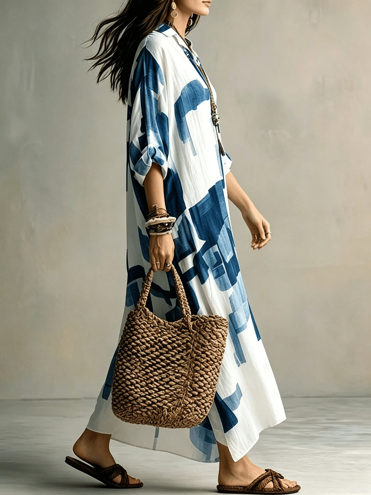 Women'S Temperament Lapel Loose Long Sleeve Dress, -Like Blend Fabric Skin-Friendly Breathable Vacation Commute Daily Versatile Style, Easy Design Spring Summer Fall Fresh Lazy Style Long Dress - Sky Blue