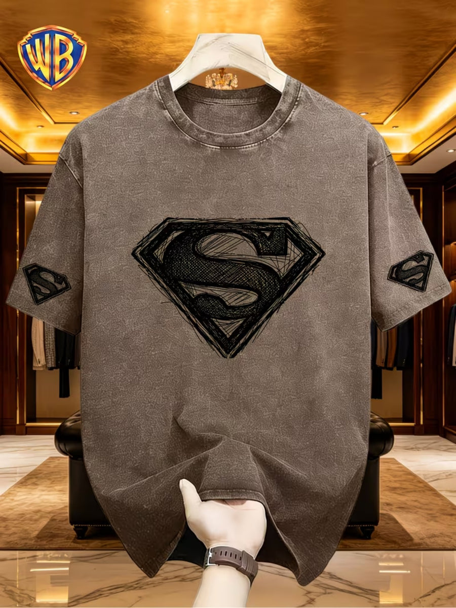 Warner Genuine Superman Hand-Painted Lines S Mark Washed to Make Old Short-Sleeve Men'S Wear, Retro Round Neck T-Shirt, Soft And Breathable, Machine Washable, Men'S Daily Casual Shirt - Coffee Brown