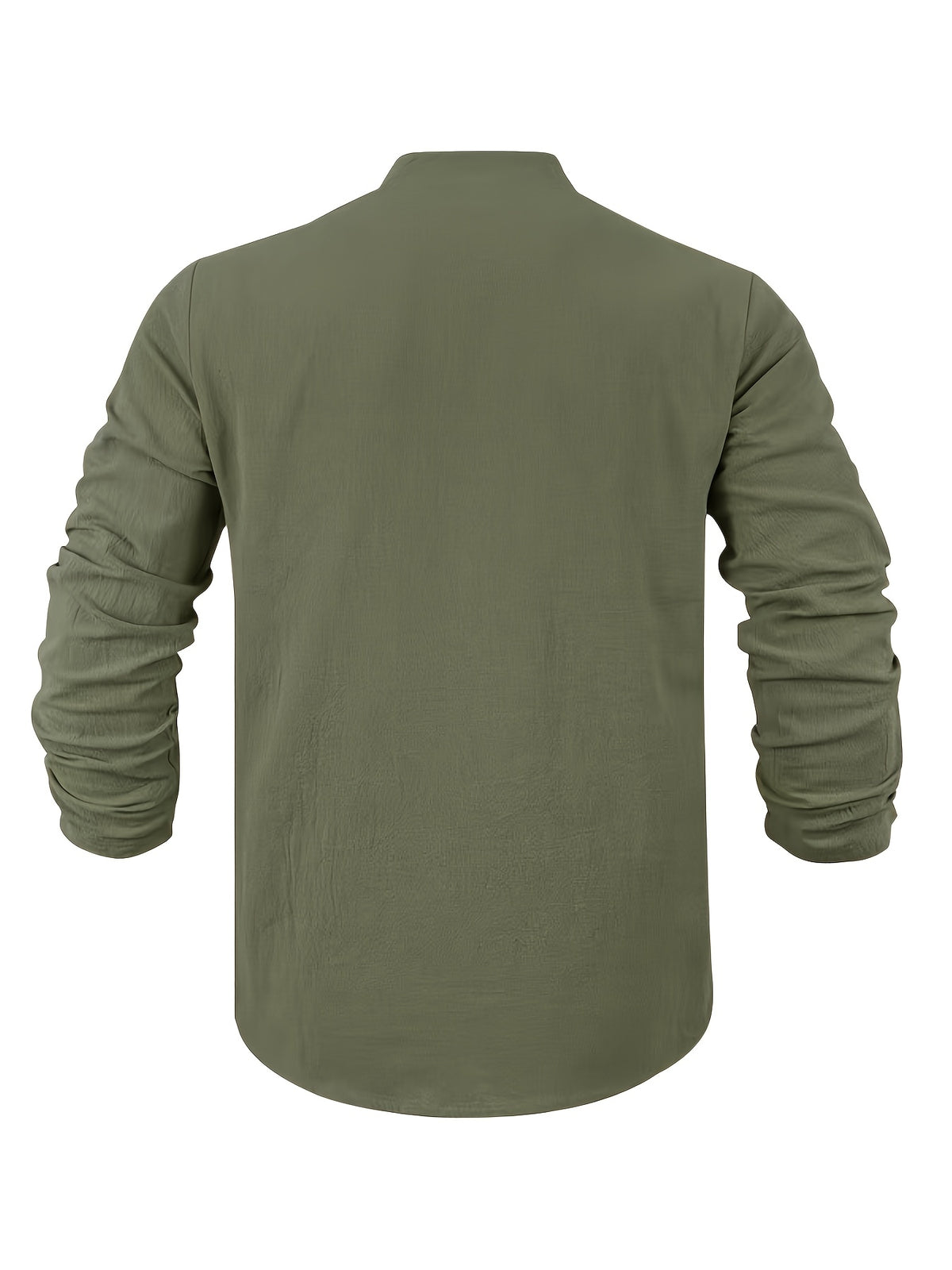 Men's American Style Linen Henley Long Sleeve T-Shirt, for Autumn, Loose Casual Breathable V-Neck Henley Top with Chest Logo Patch - Olive Green