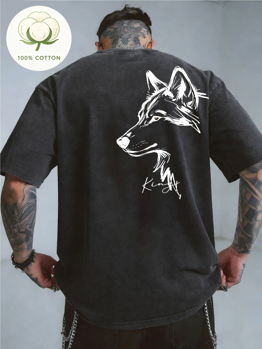 Men'S 100% Washed, Wolf King Print Pattern Retro Round Neck T-Shirt, Casual All-Match Loose Summer Short Sleeve T-Shirt, Daily Wear - Black