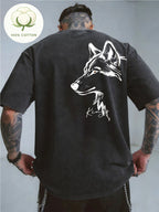 Men'S 100% Washed, Wolf King Print Pattern Retro Round Neck T-Shirt, Casual All-Match Loose Summer Short Sleeve T-Shirt, Daily Wear - Black