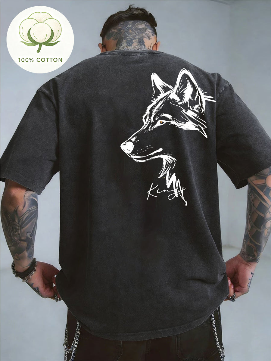 Men'S 100% Washed, Wolf King Print Pattern Retro Round Neck T-Shirt, Casual All-Match Loose Summer Short Sleeve T-Shirt, Daily Wear - Black