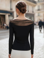 French Sheer Mesh Patchwork Off-Shoulder Base Layer Sweater, Fall Winter Y2K Slim Waist Long Sleeve High-End Pure Lustrous Clavicle-Baring Inner Top - Black