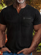 Men's Fashion Top, Spring/Summer Outdoor Casual Textured Jacquard Fabric, Solid Color Small V-Neck Pocket Patchwork Short Sleeve Men's Henley Shirt - Black