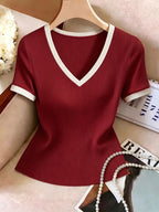Summer New Ribbed Short Sleeve V-Neck White Lace Trim Slim Regular Length T-Shirt Top Women'S - Deep Red