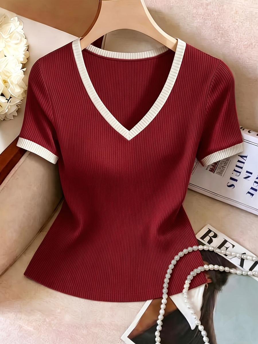 Summer New Ribbed Short Sleeve V-Neck White Lace Trim Slim Regular Length T-Shirt Top Women'S - Deep Red