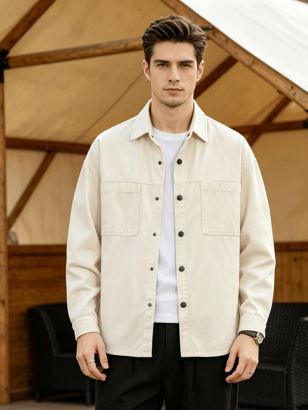 Men'S Cargo Long Sleeve Shirt, Pure Casual Blouse Loose Multi-Pocket Design Breathable Durable Fabric Street Outing Light Outdoor Camping Versatile Casual Top - Off White
