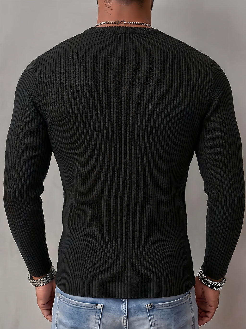 ROYALBOY Men's Autumn New Textured Two-Tone Striped Fabric Deep V-Neck Long Sleeve Outdoor Fashion Sports Top - Black