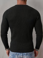 ROYALBOY Men's Autumn New Textured Two-Tone Striped Fabric Deep V-Neck Long Sleeve Outdoor Fashion Sports Top - Black