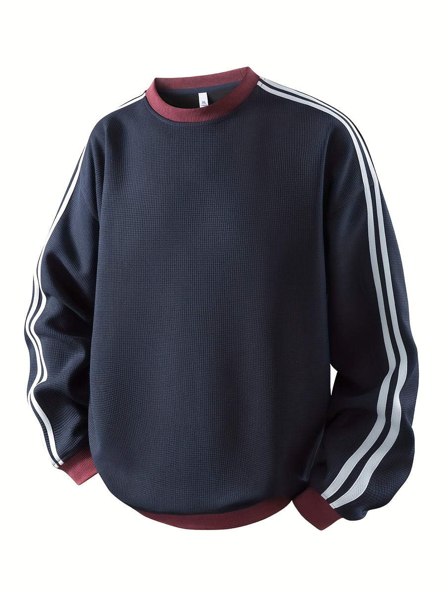 American Vintage Striped Crewneck Sweatshirt for Men, Long Sleeve Base Layer Top for Spring and Autumn - Navy Color