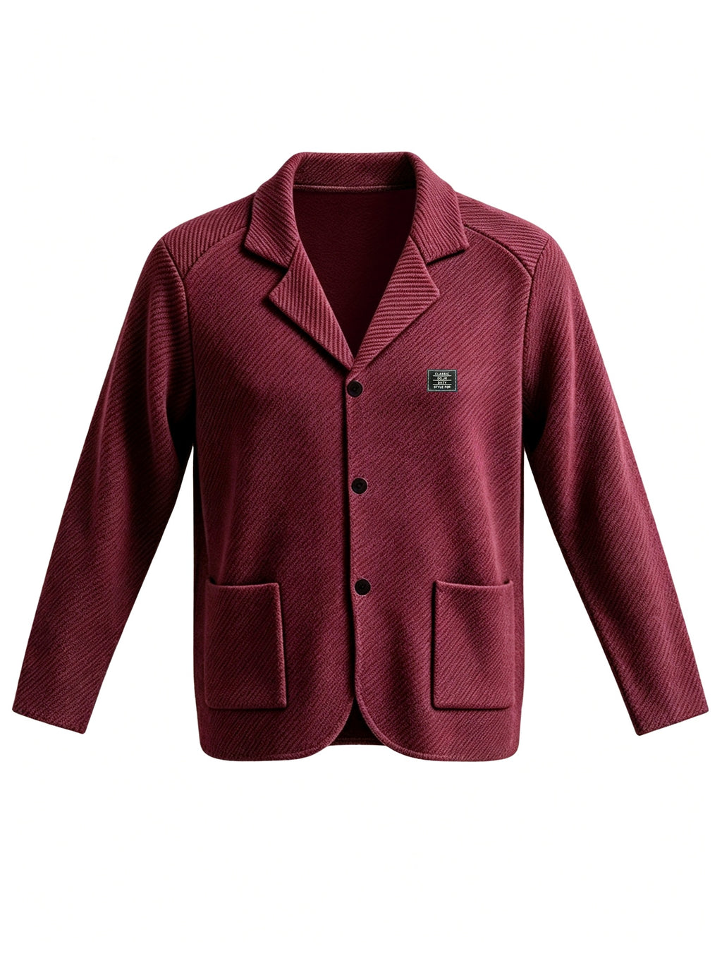 Men's New Spring, Autumn, and Winter Collection: Twill Textured Fabric Single-Breasted Notched Lapel Cardigan with Double Pockets, a Versatile Long-Sleeve Business Casual Outerwear. Soft, Comfortable, and Stylish Knitted Solid-Color Jacket - Burgundy