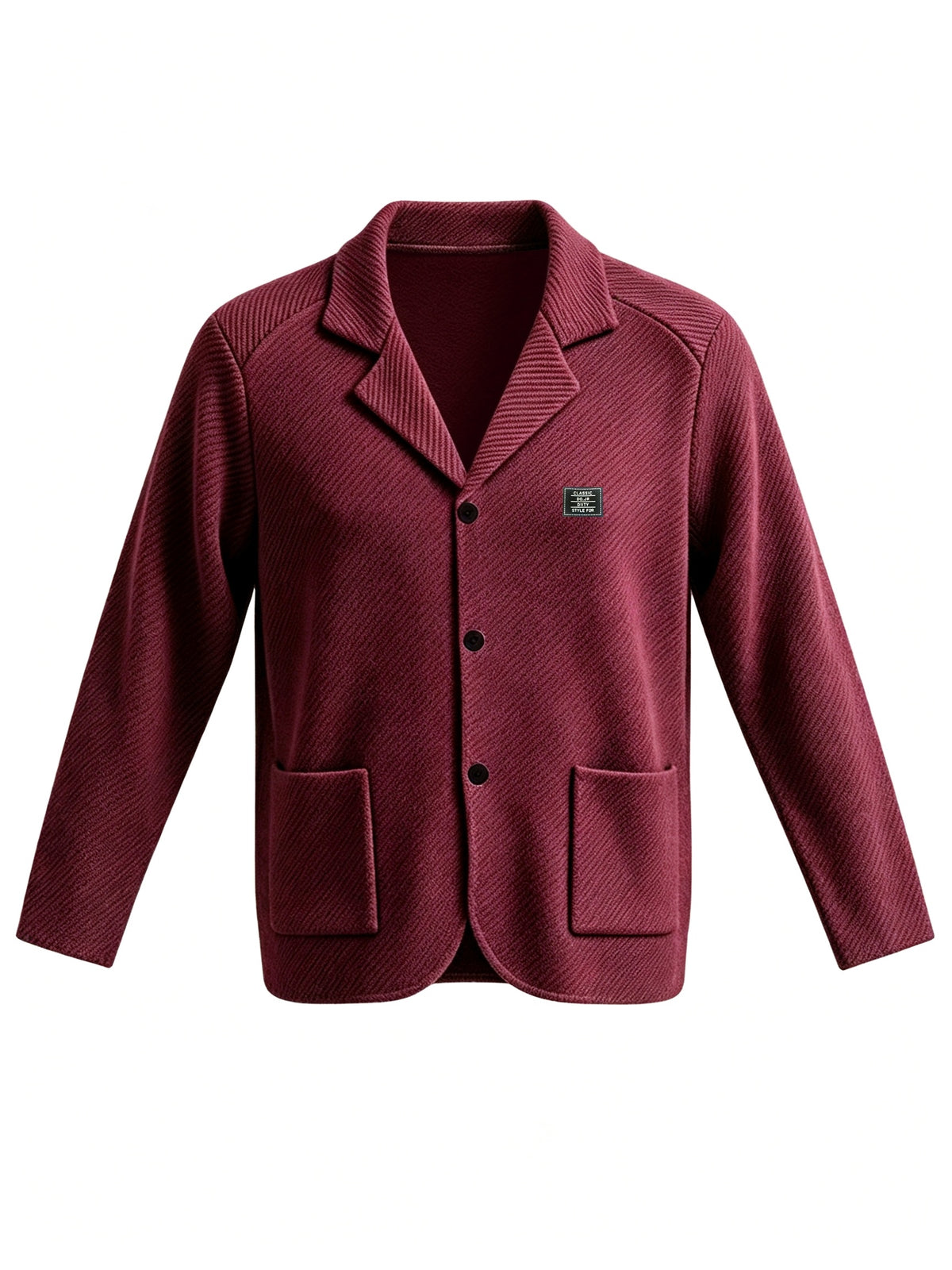 Men's New Spring, Autumn, and Winter Collection: Twill Textured Fabric Single-Breasted Notched Lapel Cardigan with Double Pockets, a Versatile Long-Sleeve Business Casual Outerwear. Soft, Comfortable, and Stylish Knitted Solid-Color Jacket - Burgundy