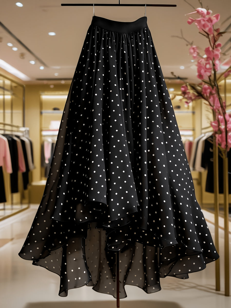 Elegant New Women's Mesh Polka Dot Skirt, High-Waist Skirt, Suitable for Vacation, Casual, and Office Wear, All-Season Style - Black