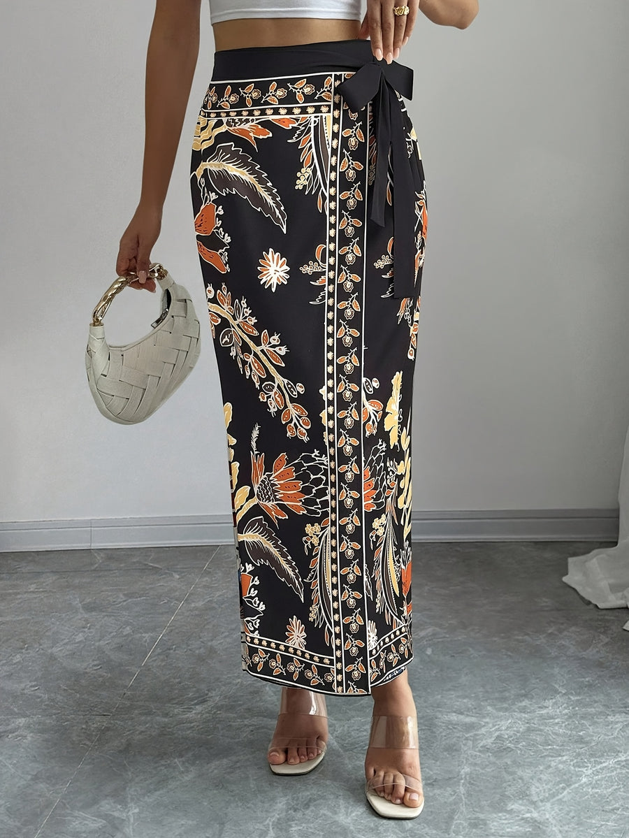 Women's Elegant Floral Print Wrap Tie Straight Skirt, Vacation Style - Black