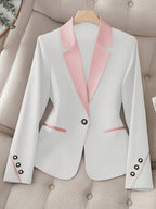 ASD1 Fashionable Women's Elegant Suit Jacket, Stylish Slim-Fit with Contrast Color Lapels and Single-Breasted Closure - White