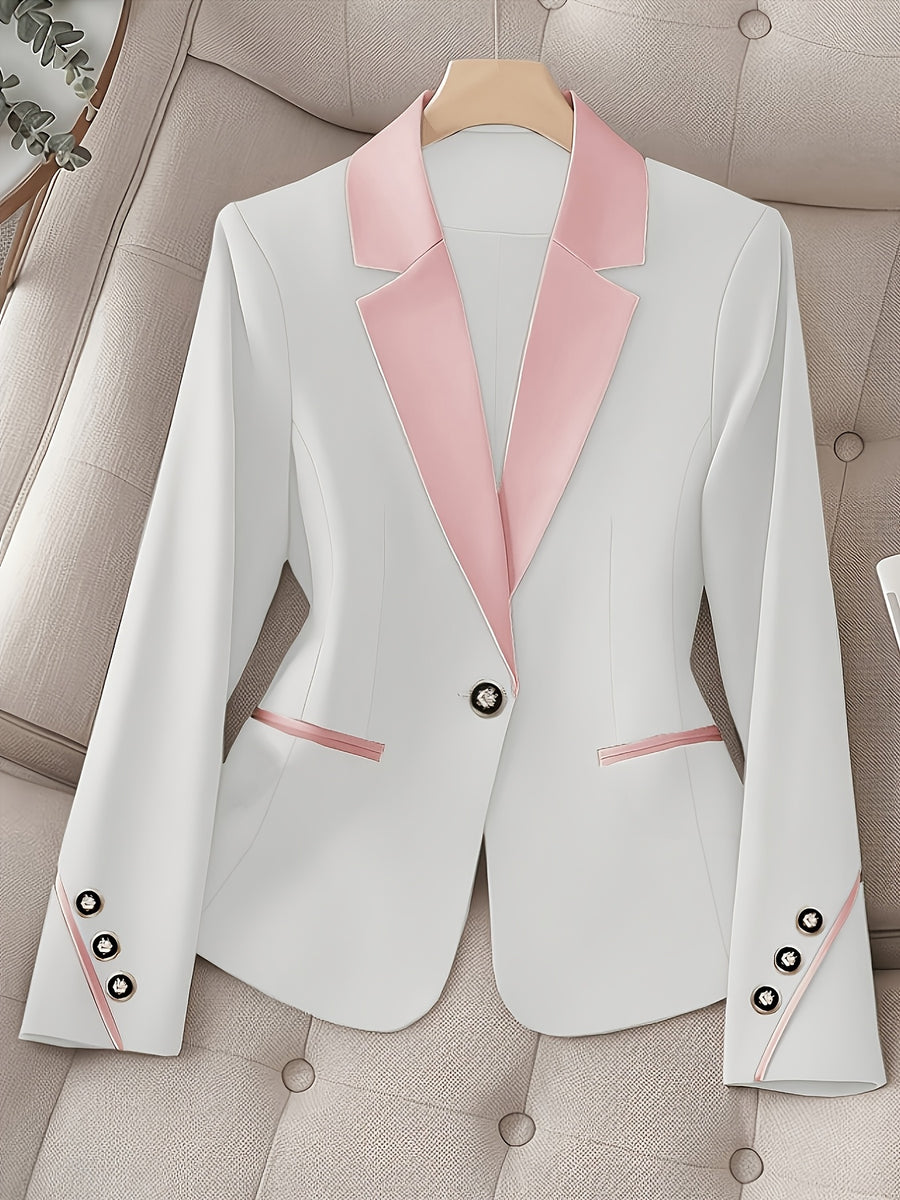 ASD1 Fashionable Women's Elegant Suit Jacket, Stylish Slim-Fit with Contrast Color Lapels and Single-Breasted Closure - White