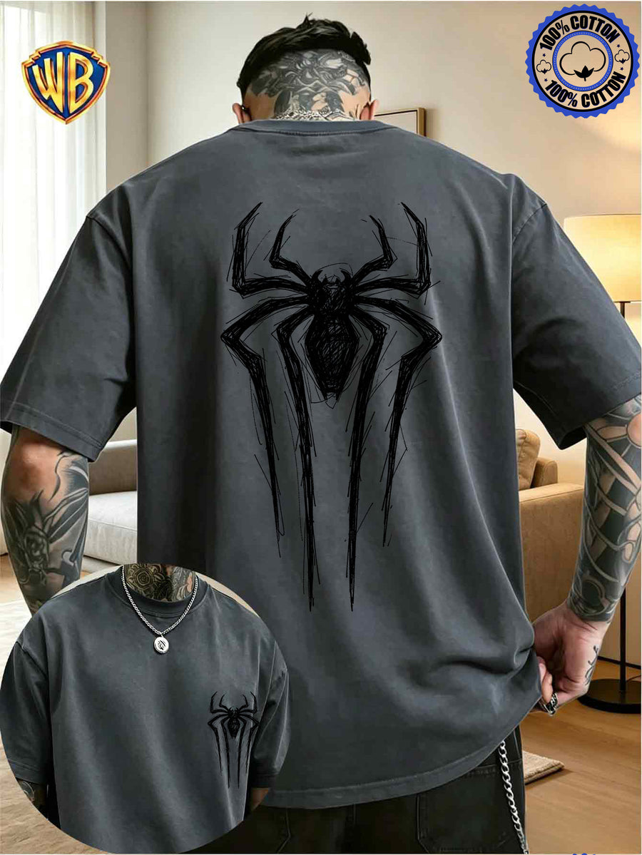 Unisex T-shirt Featuring a Niche Dark Aesthetic with Hand-painted Front and Back Dual-position Combination Prints, Creating a Low-key, Cool, Eye-catching, and Trendy Campus Style - Dark Gray