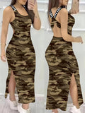 Women'S Elegant Sleeveless Off-Shoulder Camouflage Dress with Large Back Slit and "SOCIAL DISTANCING" Print - Stylish Summer Fashion, Perfect for Adult, Cross Strap Detail, Allseason Attire|Camouflage Pattern|Polyester Fabri - Mixed colors