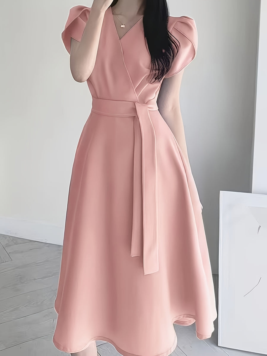 Women'S Belt Dress, Solid Color Loose Elegant Puff Sleeve V-Neck Tie-Waist A-Line Midi Dress - Lightweight Breathable Summer Commute And Party Dress, Suitable for Wedding Guest, Party Or Summer Outfit, Casual Commute - Pink