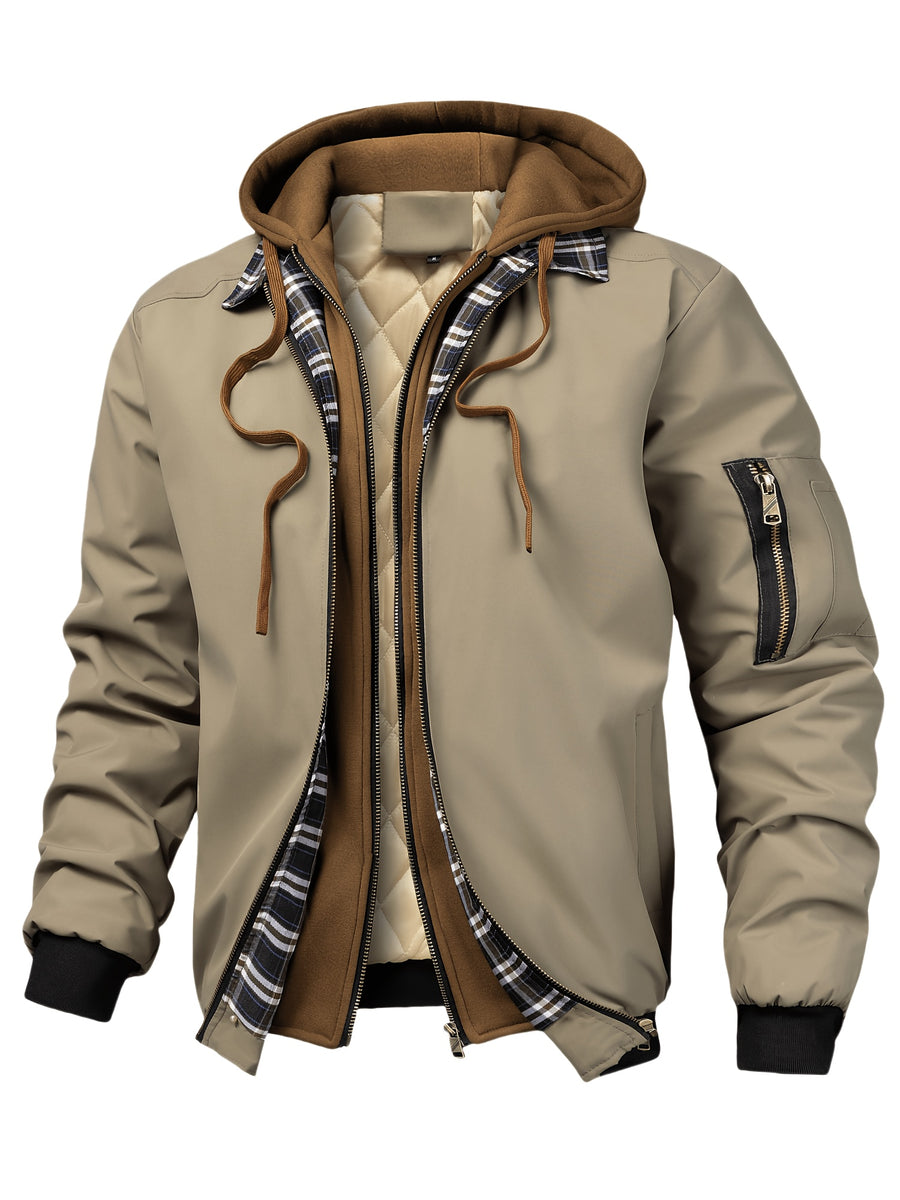 Spring Autumn Men'S Jacket Outerwear Plaid Hooded Cardigan Sports Casual Preppy Fashion - Khaki